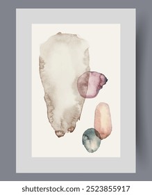 Cartaz minimalista com elementos caóticos e figuras assimétricas para a galeria de pintura em estilo dos anos 60. Trabalho criativo minimalista com cores boho para o design escandinavo e nórdico