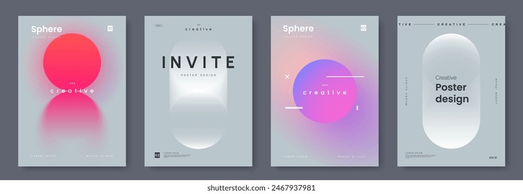 Minimalistic poster collection with simple design and place for text. Simple round gradient shape with glow and blend effect on light gray background. Ideal for banner, ad, promo, invitation, etc.