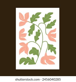 A minimalistic poster with a curly flower and leaves in pastel colors. Interior artwork.