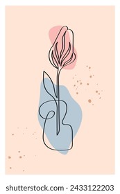 Minimalistic poster design with a flower in a vase on a beige background drawn in one line. Vector illustration