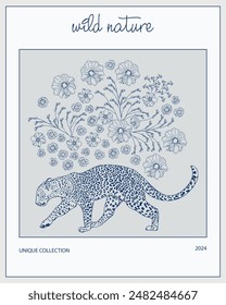 Flores minimalistas y leopardo. Estilo moderno, color de tinta azul