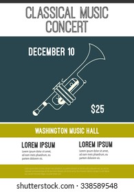 Minimalistic poster for folk festival or classic music concert. Vector placard with trumpet illustration. Place for your text.