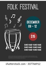 Minimalistic poster for folk festival or music concert. Vector placard with timpani illustration.