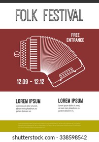 Minimalistic poster for folk festival or music concert. Vector placard with accordion illustration. Place for your text. EPS.