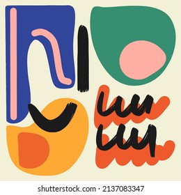 Minimalistic poster with geometric design and various doodles, vector template with elements of primitive shapes, modern hipster style.