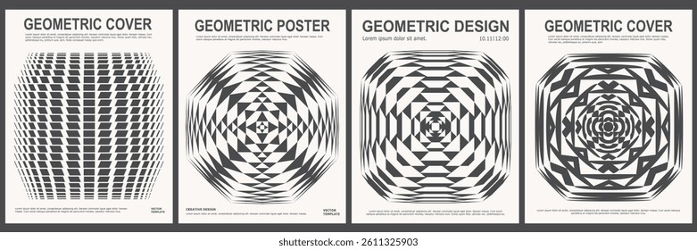 Minimalistic poster with geometric shapes in black and white. Modern set trendy retro futuristic monotone covers design in Y2K style.