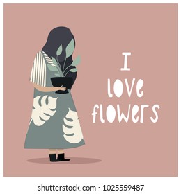 A minimalistic poster with a girl in a green dress with fern leaves that holds a pot of flower and speaks of love.
