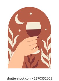 Minimalistic poster with a glass of wine in hand, boho style illustration