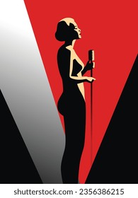 Minimalistic poster. Home decor. Beautiful singer singing to a microphone abstract illustration