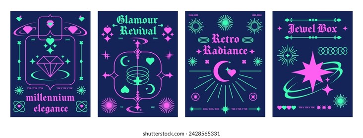 Minimalistic poster layout in y2k style with bright neon colors simple elements and icons on dark blue background. Vector set of banner design template in retro rave aesthetic with geometric shapes.