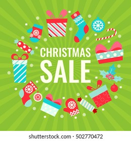 Minimalistic poster New Year sale and discounts with a gift on a green background.