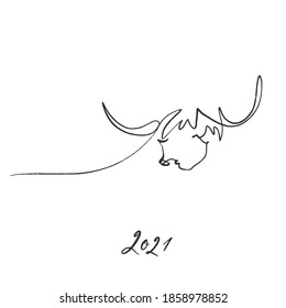 Minimalistic poster silhouettes of bull. Greeting cards with the year of the OX. One line drawing. Happy chinese new year 2021.  Lunar horoscope sign bull.  Zodiac sign for calendar