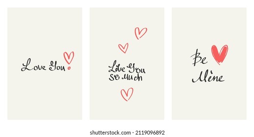 Minimalistische Plakate zum Thema Liebe und Valentinstag. Kalligraphische universelle Inschriften mit Herz für Postkarten, Geschenke, Grüße, Deckel, Wrapper, Textilien, Dekoration und Inneneinrichtung