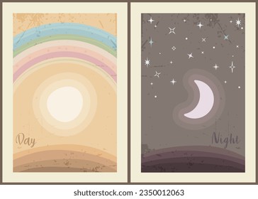 Minimalistic posters in scandinaviav boho style. Sun, rainbow, moon, stars. Day and night concept. Suitable for wall decor, kids room, postcards, prints. Vector illustration in pastel colors. 