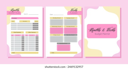 Minimalistic printable pink planner page templates. Monthly, weekly budget planner. Goals, notes for the month. Set of vector graphics for budget organization.Eps10
