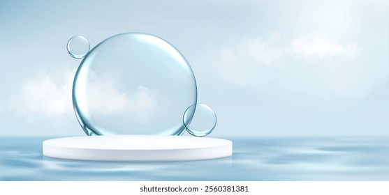 Minimalistic promotion composition with white circular podium set on clear blue water surface background, floating transparent bubbles for showcasing skincare products, fresh or wellness themes.