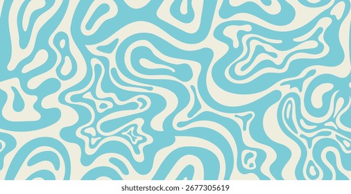 Minimalistic psychedelic wave texture Groovy in turquoise and cream. Y2K retro abstract background with smooth liquid brush strokes. Vector illustration for branding and surface design