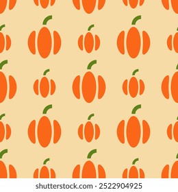 Minimalistic pumpkins seamless pattern on a beige background. Cute background with geometric pumpkins. Colorful vector illustration.