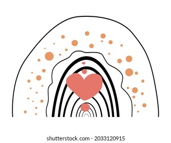 A minimalistic rainbow of simple lines with dots and a heart. Abstraction, boho style. Vector clipart illustration isolated on white background.