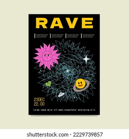 Minimalistic rave poster with groovy sun, smiling planet, and lined background. Acid psychedelic flyer.