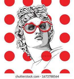 Minimalistic red collage. Apollo Plaster head statue in a fun lips glasses on a polka dots background. Hymor poster, t-shirt composition, hand drawn style print. Vector illustration.