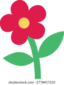 Minimalistic red flower with a yellow center, stem, and two green leaves. Nature, plant, flora. For children's educational materials and greeting cards. Vector. Flat cartoon style. Icon.