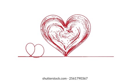 Minimalistic red heart sketch with textured woodgrain details, accompanied by a smaller heart outline. Ideal for romantic and artistic projects