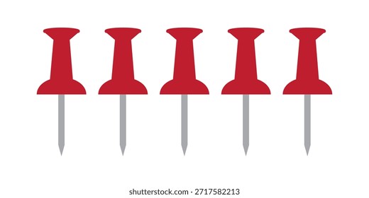 Conjunto de chinchetas y chinchetas rojas minimalistas. Colección de pasadores y tachuelas para marcar, pinchar. Ilustraciones vectoriales planas aisladas sobre fondo blanco. Agujas puntiagudas para corcho en estilo caricaturesco Clipart en color plano. Plantilla de maqueta para Configuraciones de oficina. Puntas para el pulgar, cabezales de Botón de fijación, punteros de fijación, agujas de pinchado para postes. EPS 10.

