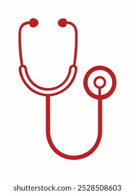 Ícone estetoscópio vermelho minimalista sobre um fundo branco, simbolizando cuidados médicos e de saúde.