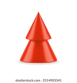 Figura isométrica minimalista del árbol rojo para la Ilustración vectorial 3d del diseño decorativo interior. Símbolo realista de la forma del triángulo del árbol de Navidad del juguete lindo de las vacaciones de invierno aislado