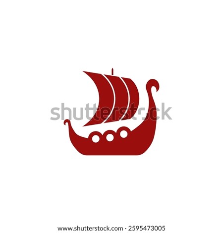 A minimalistic red Viking ship icon featuring a dragon shaped prow, sails, and shields, symbolizing Nordic mythology and medieval Scandinavian warships.