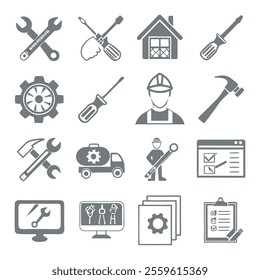 Minimalistic Repair and Maintenance Silhouette Icons Set Collection