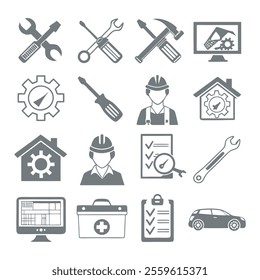 Minimalistic Repair and Maintenance Silhouette Icons Set Collection