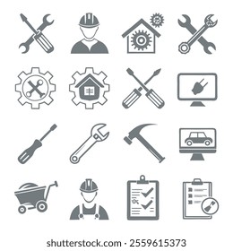 Minimalistic Repair and Maintenance Silhouette Icons Set Collection