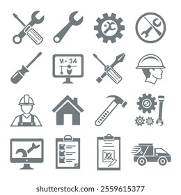 Minimalistic Repair and Maintenance Silhouette Icons Set Collection