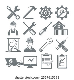 Minimalistic Repair and Maintenance Silhouette Icons Set Collection