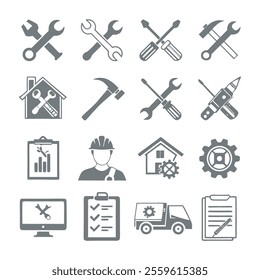 Minimalistic Repair and Maintenance Silhouette Icons Set Collection