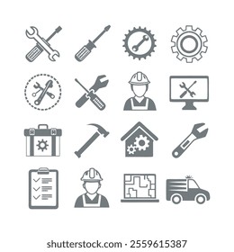 Minimalistic Repair and Maintenance Silhouette Icons Set Collection