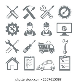 Minimalistic Repair and Maintenance Silhouette Icons Set Collection