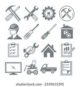 Minimalistic Repair and Maintenance Silhouette Icons Set Collection