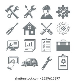 Minimalistic Repair and Maintenance Silhouette Icons Set Collection