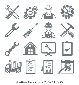 Minimalistic Repair and Maintenance Silhouette Icons Set Collection