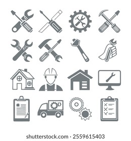 Minimalistic Repair and Maintenance Silhouette Icons Set Collection