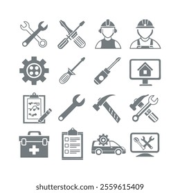 Minimalistic Repair and Maintenance Silhouette Icons Set Collection