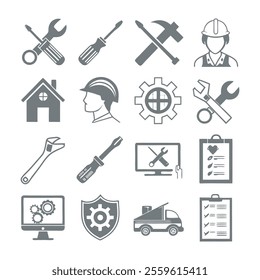 Minimalistic Repair and Maintenance Silhouette Icons Set Collection