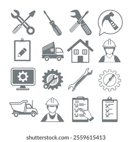 Minimalistic Repair and Maintenance Silhouette Icons Set Collection