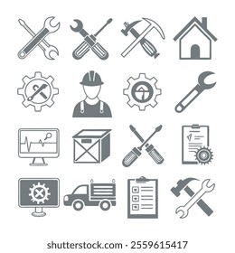 Minimalistic Repair and Maintenance Silhouette Icons Set Collection