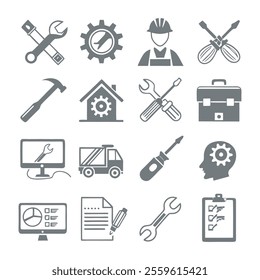 Minimalistic Repair and Maintenance Silhouette Icons Set Collection