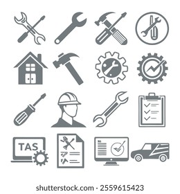 Minimalistic Repair and Maintenance Silhouette Icons Set Collection