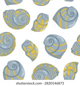 Minimalistic repeating pattern with shells. Suitable for fabric, phone cases and stationery. Nautical collection.